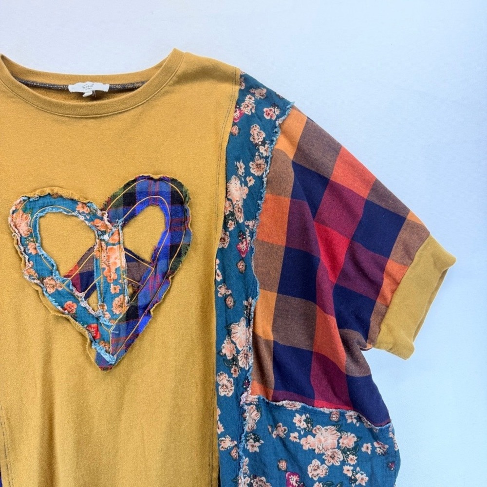 Easel Patchwork Heart Top Oversized Boho Plaid Floral Tunic Small - Picture 10 of 14